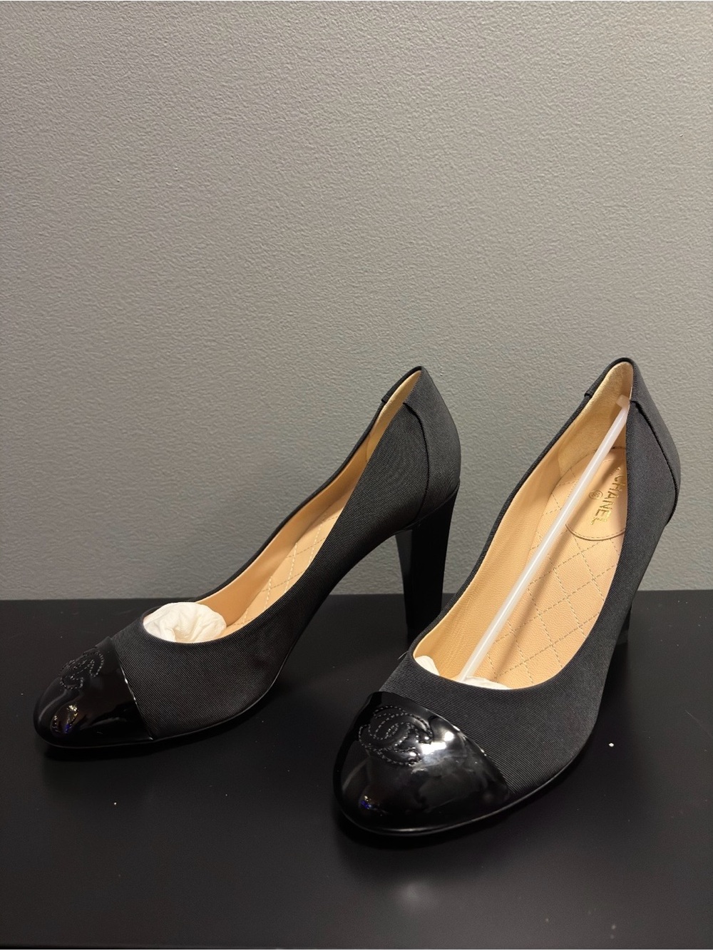 CHANEL Fabric Pumps with Black Patent Cap Toe